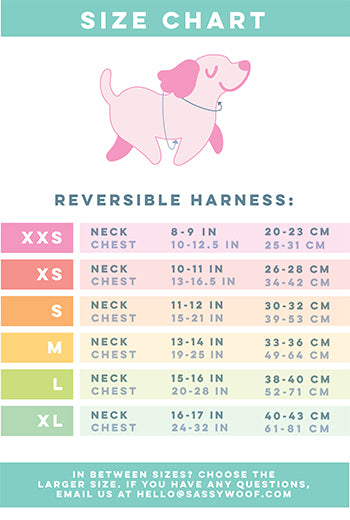 Neck(N): Measure where a collar naturally sits. Chest(C): Measure widest part of dog's chest. Size XXS – N: 8–9 in (20–23 cm), C: 10–12.5 in (25–31 cm). Size XS – N: 10–11 in (26–28 cm), C: 13–16.5 in (34–42 cm). Size S – N: 11–12 in (30–32 cm), C: 15–21 in (39–53 cm). Size M – N: 13–14 in (33–36 cm), C: 19–25 in (49–64 cm). Size L – N: 15–16 in (38–40 cm), C: 20–28 in (52–71 cm). Size XL – N: 16–17 in (40–43 cm), C: 24–32 in (61–81 cm).