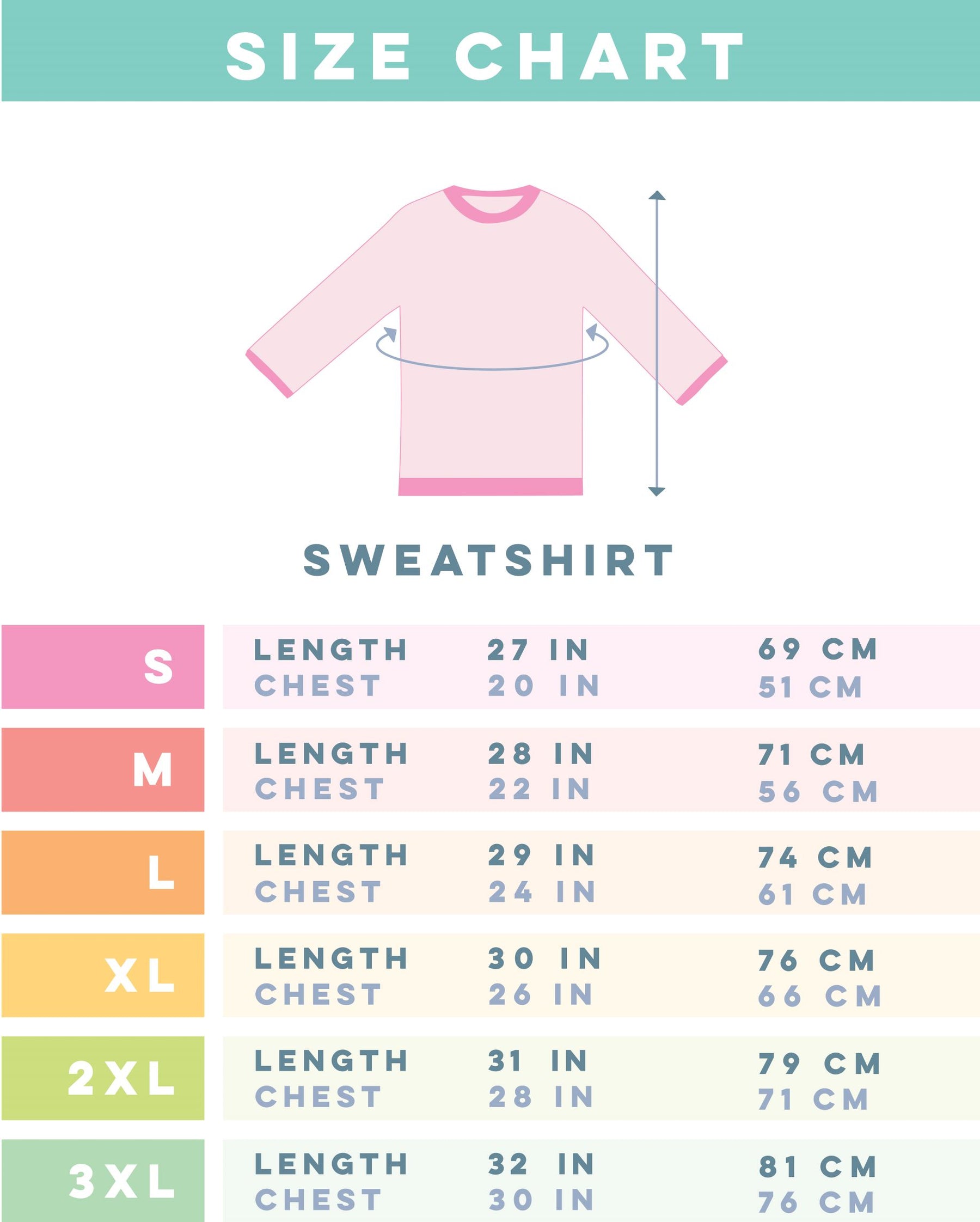 Length: Measure from the highest point of the shoulder to the bottom hem.
Chest: Measure around the widest part of the chest. Size S – Length: 27 inches (69 cm), Chest: 20 inches (51 cm). Size M – Length: 28 inches (71 cm), Chest: 22 inches (56 cm). Size L – Length: 29 inches (74 cm), Chest: 24 inches (61 cm). Size XL – Length: 30 inches (76 cm), Chest: 26 inches (66 cm). Size 2XL – Length: 31 inches (79 cm), Chest: 28 inches (71 cm). Size 3XL – Length: 32 inches (81 cm), Chest: 30 inches (76 cm).