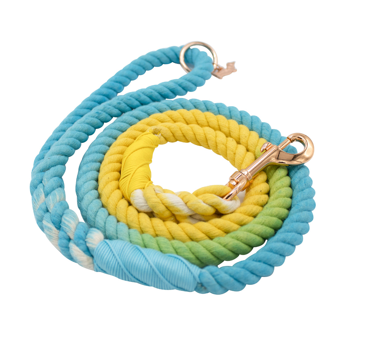 The Dog Rope Leash - Bubbles by Sassy Woof is a hand-crafted, coiled cotton leash with blue, green, white, and yellow sections and a gold metal clasp.