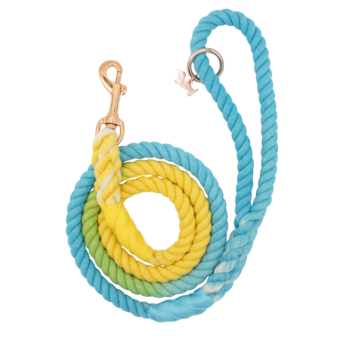 The Sassy Woof Dog Rope Leash - Bubbles is a hand-crafted ombré leash in blue, green, and yellow shades, featuring a gold metal clasp and a silver dog bone charm.