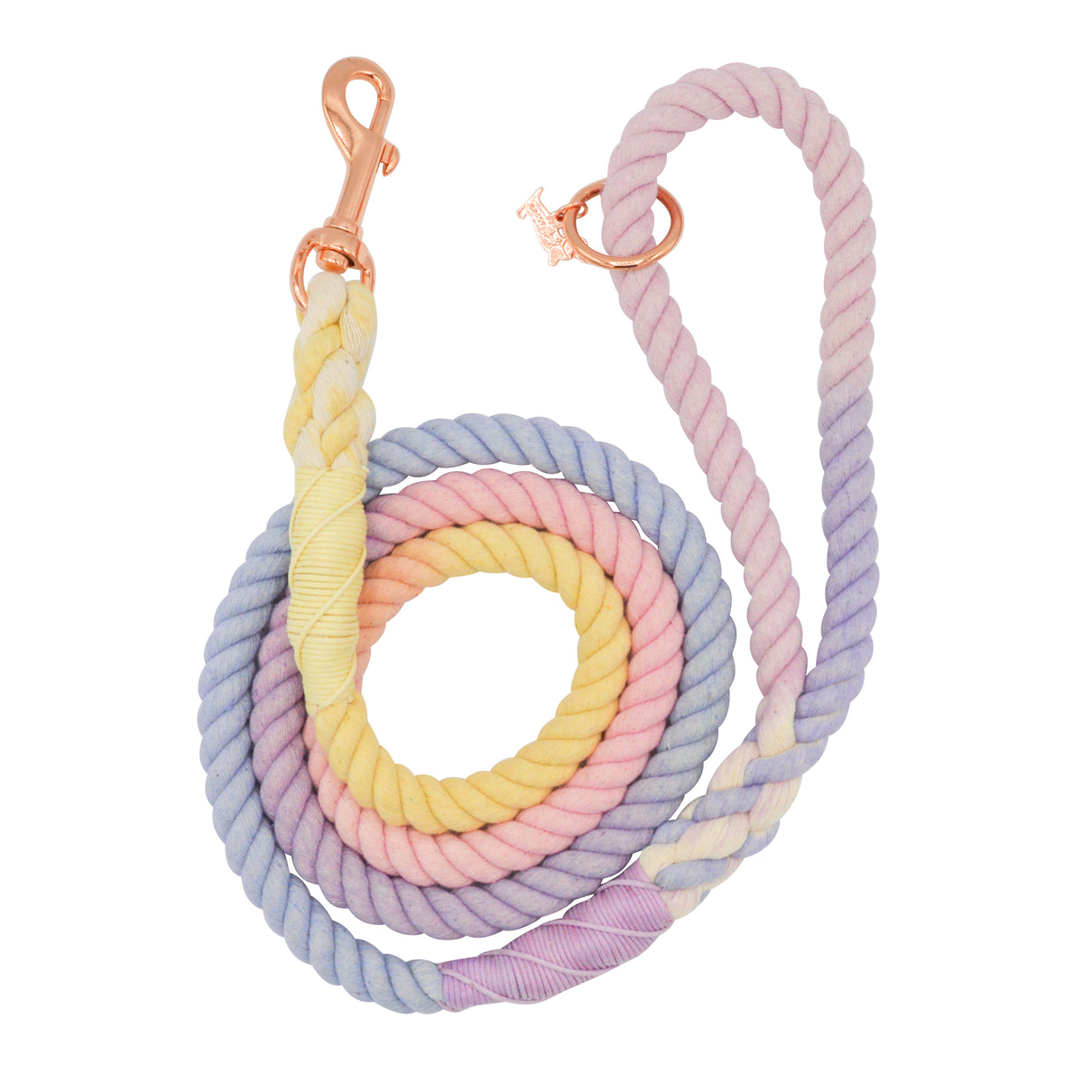 The Sassy Woof Dog Rope Leash - Caroline is a hand-crafted ombre rope leash in pastel yellow, pink, blue, and purple with a chic rose gold clasp for style and durability.