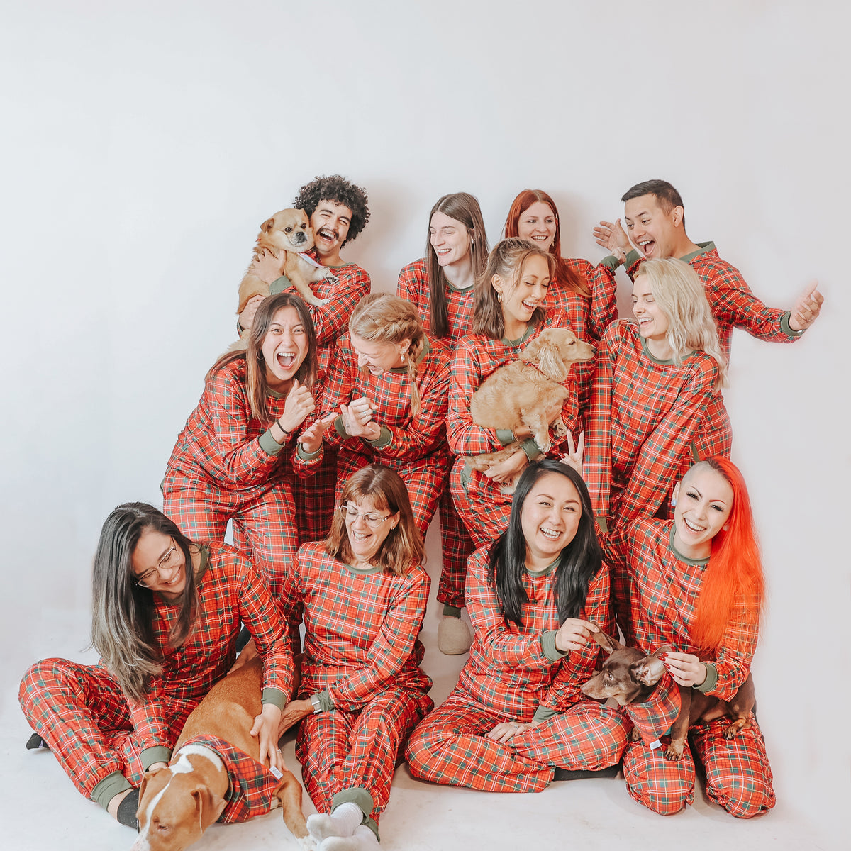 Twelve people in matching Sassy Woof Pajamas - Deck the Paws (Men's) smile and pose with several dogs against a plain white background.