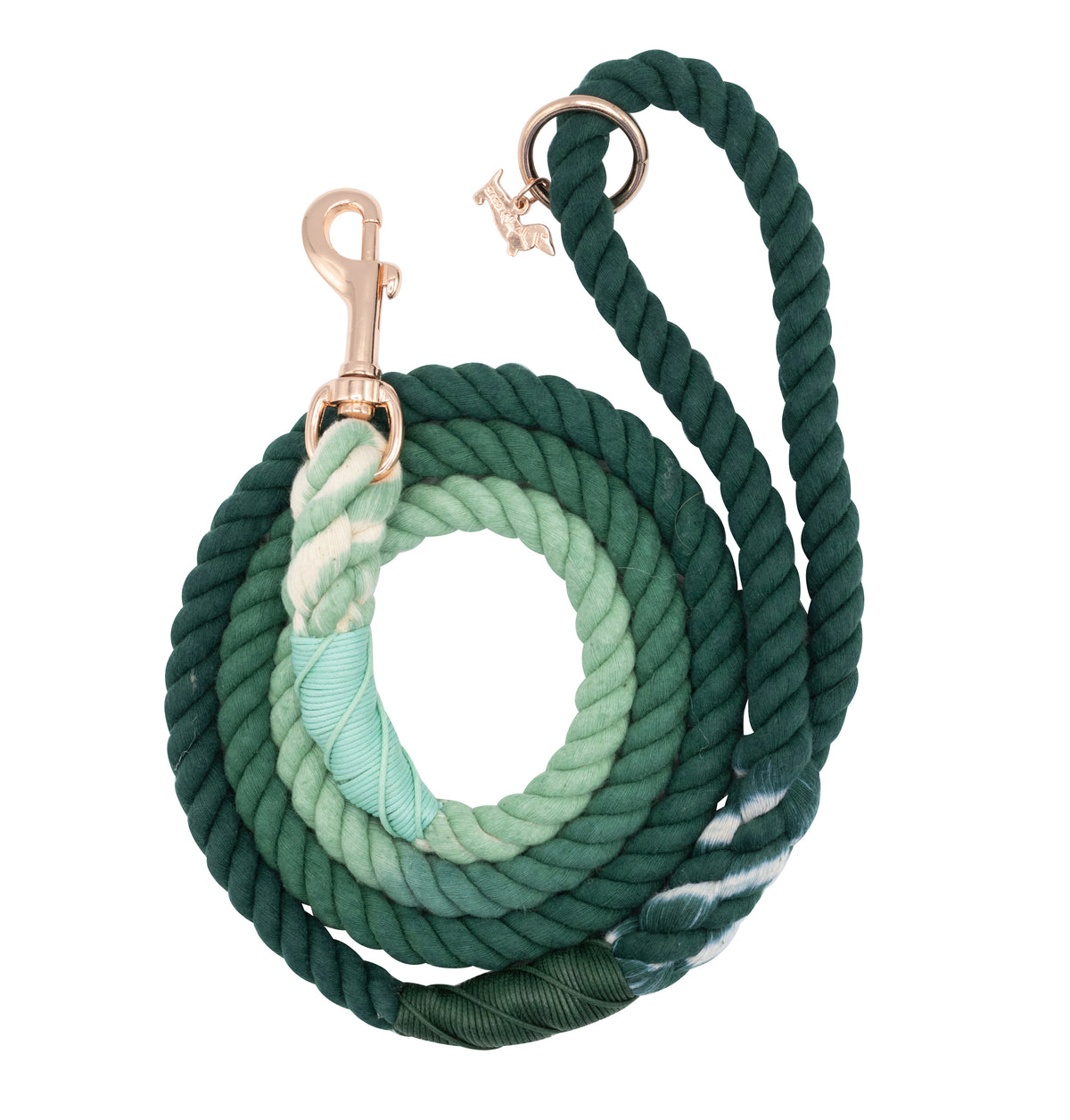 The Sassy Woof Dog Rope Leash - Hunter is a hand-crafted, durable cotton leash with a gold-colored clasp, ombre design in dark green to light mint with white accents.