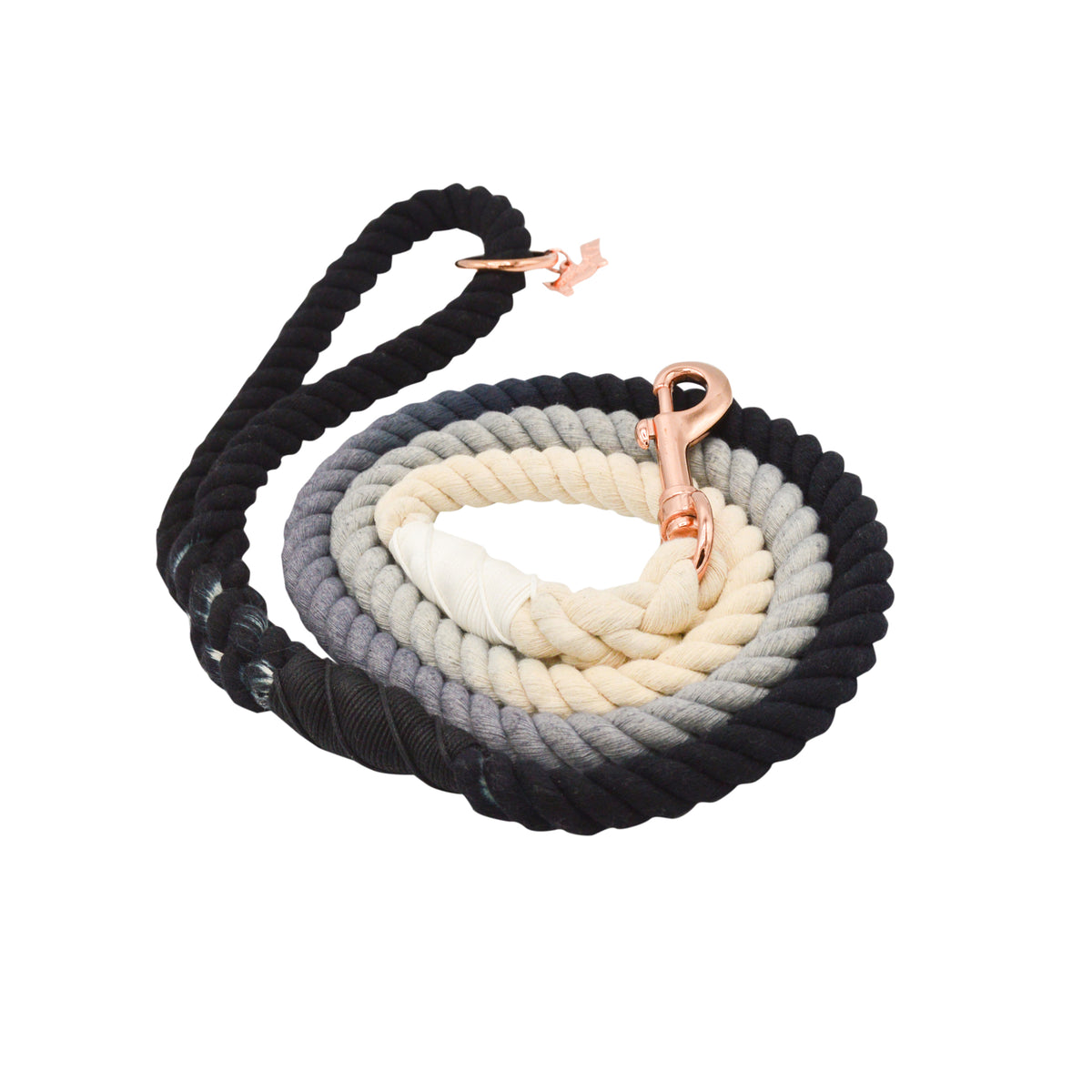 The Sassy Woof Dog Rope Leash - Ombre Black features a hand-crafted black to gray to white gradient, sturdy rose gold hardware, and a loop handle for stylish, durable daily walks.