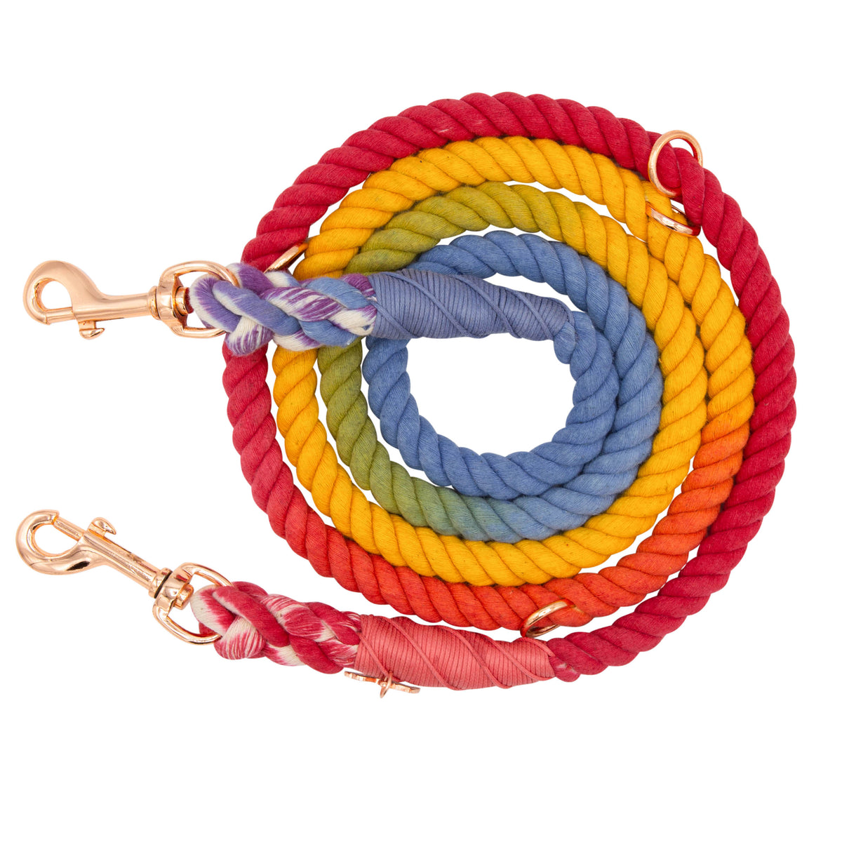 Introducing the Sassy Woof “Hands-Free Rope Leash - Taste the Rainbow”: a vibrant, hand-crafted leash with bold red, orange, yellow, green, and blue sections, gleaming gold metal clips at both ends, and stylish wrapped accents near each clip.