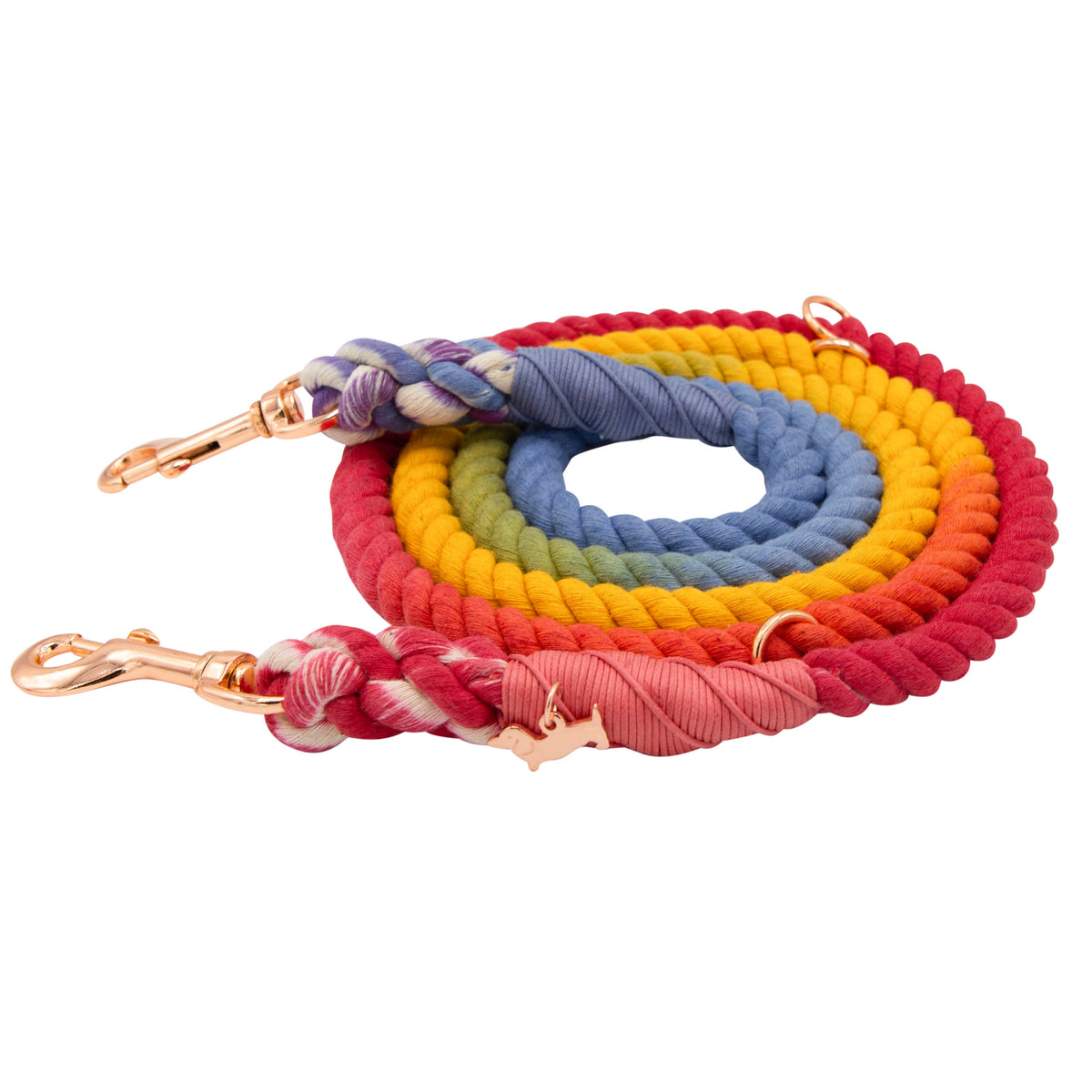 Introducing the Hands-Free Rope Leash - Taste the Rainbow by Sassy Woof: a hand-crafted, multicolored rope dog leash showcasing vibrant red, yellow, blue, and green sections, complete with rose gold metal clasps on each end for both durability and style.