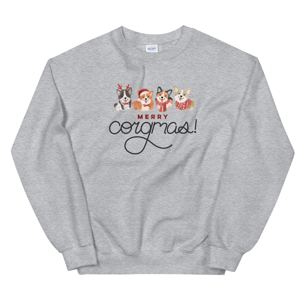 The Sassy Woof Sweatshirt - Merry Corgmas! is a cozy unisex top with four cartoon corgis in holiday outfits and “Merry Corgmas!” in playful black, eco-friendly ink.