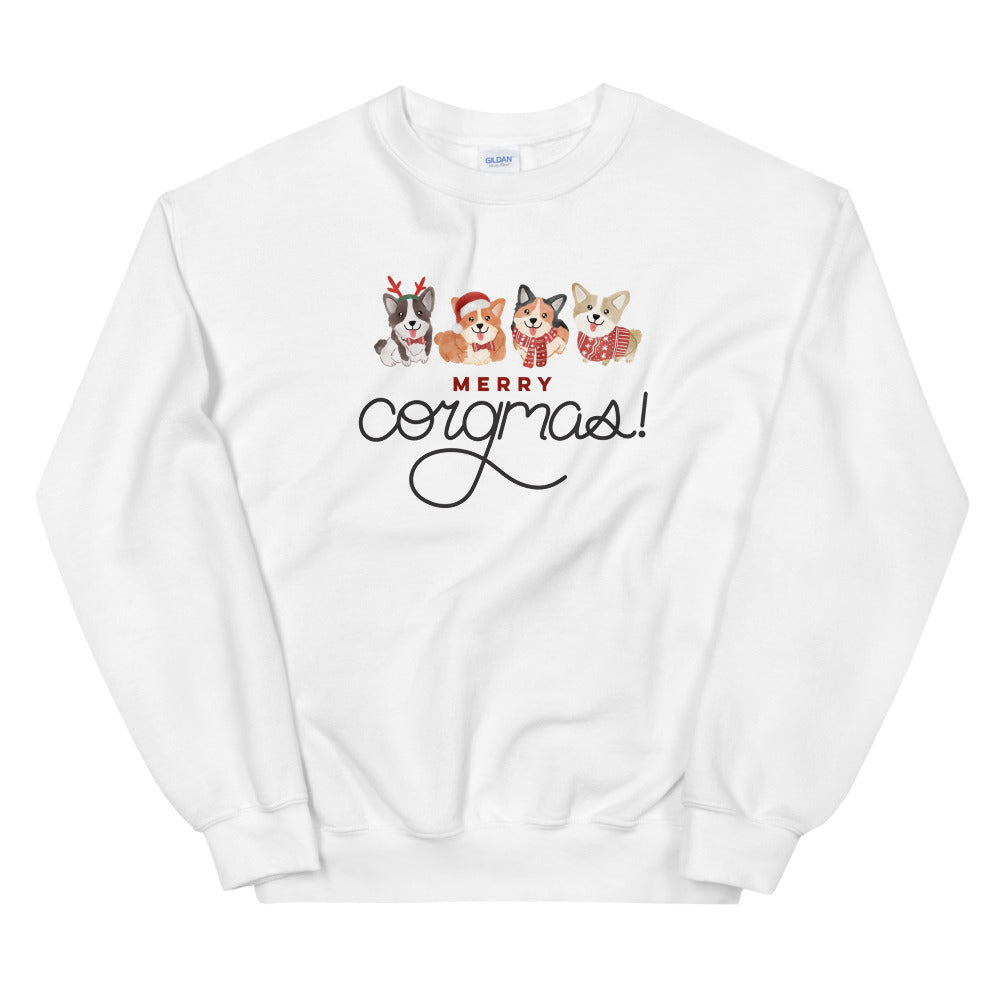 Stay festive in the Sassy Woof Sweatshirt - Merry Corgmas! featuring four corgis in holiday gear and "Merry Corgmas!" printed with eco-friendly ink for a cheerful, sustainable unisex look.