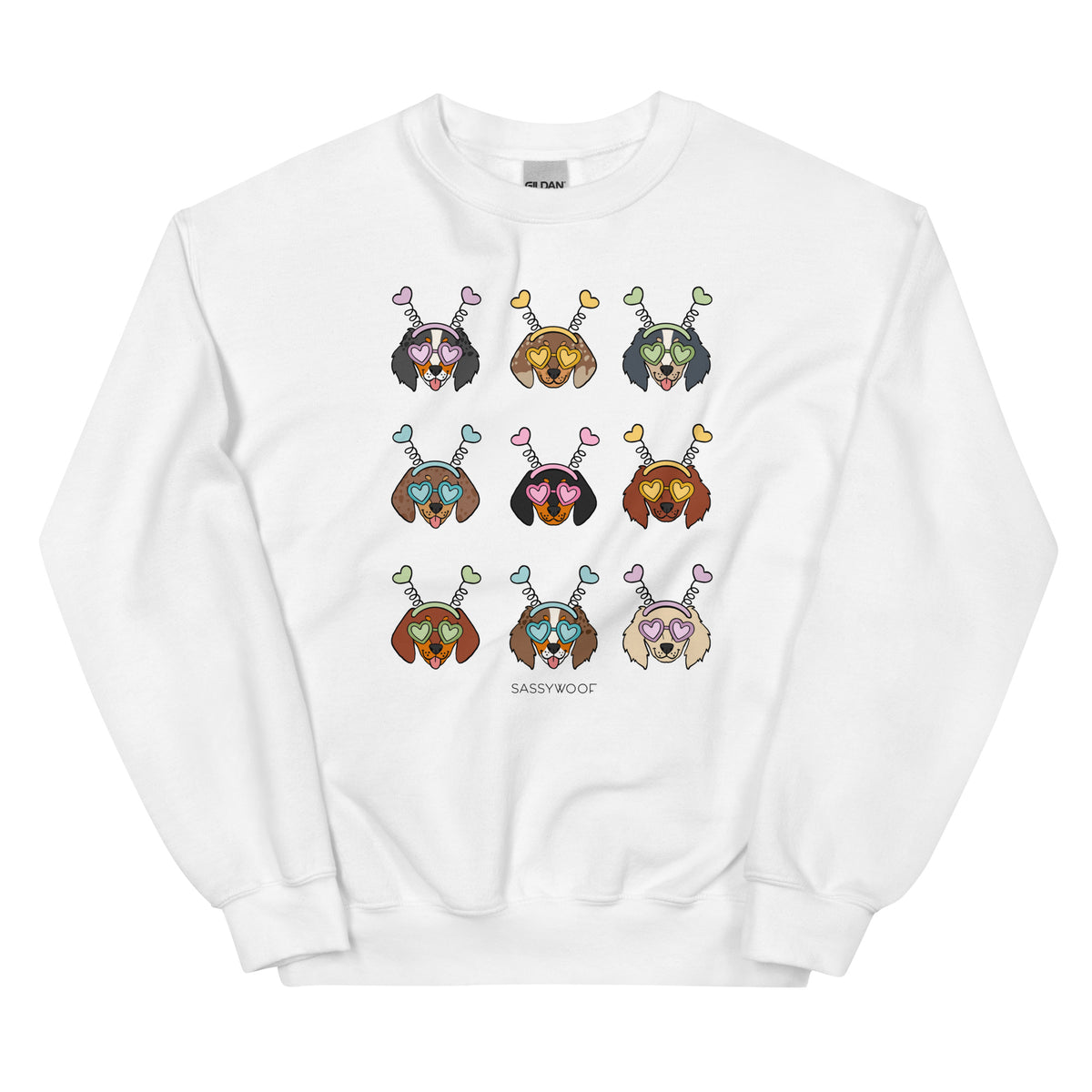 The Sweatshirt - Valentine's Dachshunds by Sassy Woof features nine cartoon dachshunds in vibrant heart glasses and antennae, arranged in a 3x3 grid—“SASSY WOOF” printed below. A playful Valentine’s Day gift for dog lovers!.