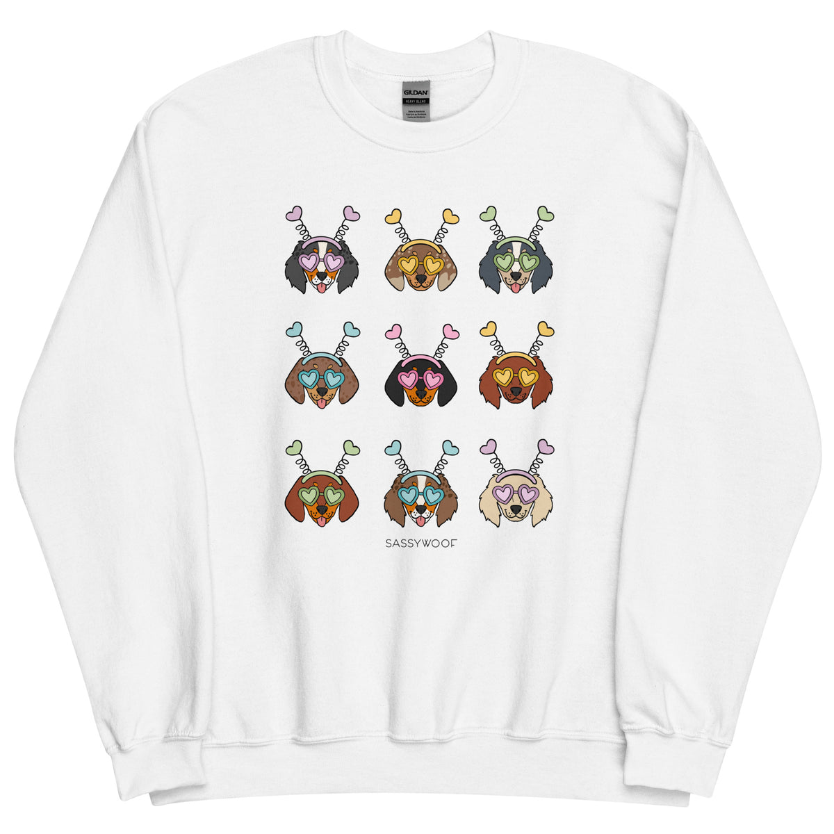 The Sassy Woof Sweatshirt - Valentine's Dachshunds features a 3x3 grid of illustrated dachshunds with heart-shaped sunglasses and antenna headbands. Unique designs make it a perfect Valentine's Day gift!.