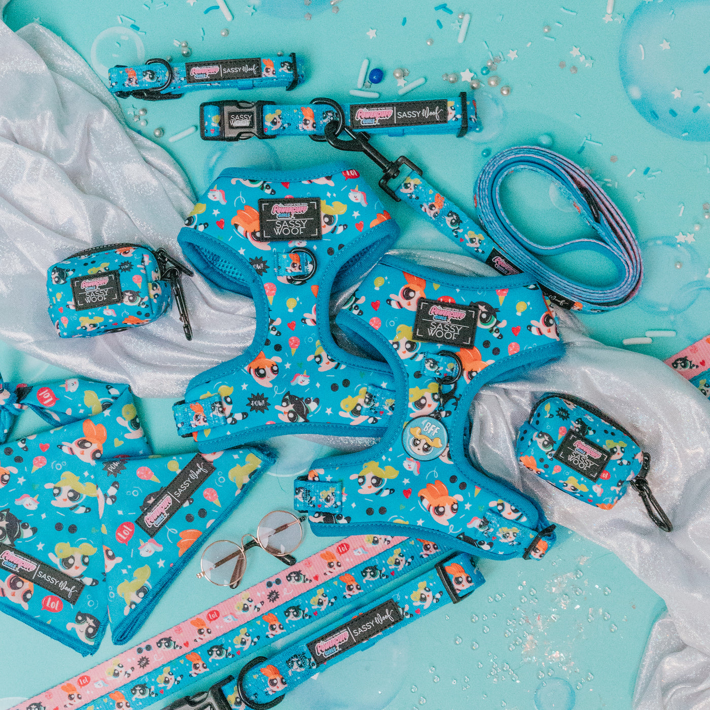 Dog accessories set on a blue background, including harnesses, leashes, collars, and waste bag holders, all in a bright turquoise color with cartoon dog prints. Confetti and sunglasses are scattered around.