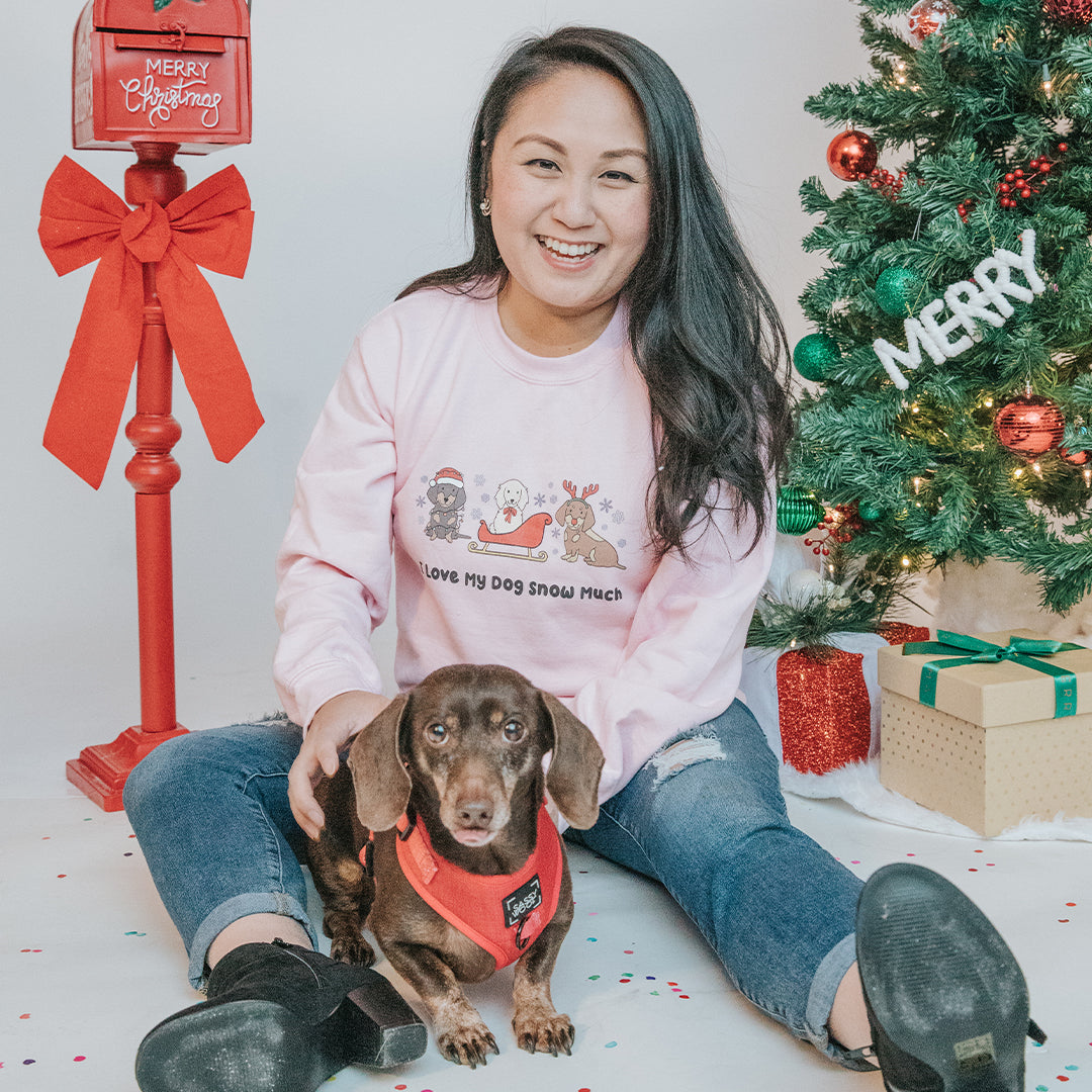 A smiling woman in a festive sweater sits next to a Christmas tree with wrapped gifts, a red mailbox, and a brown dog in a red harness on her lap.