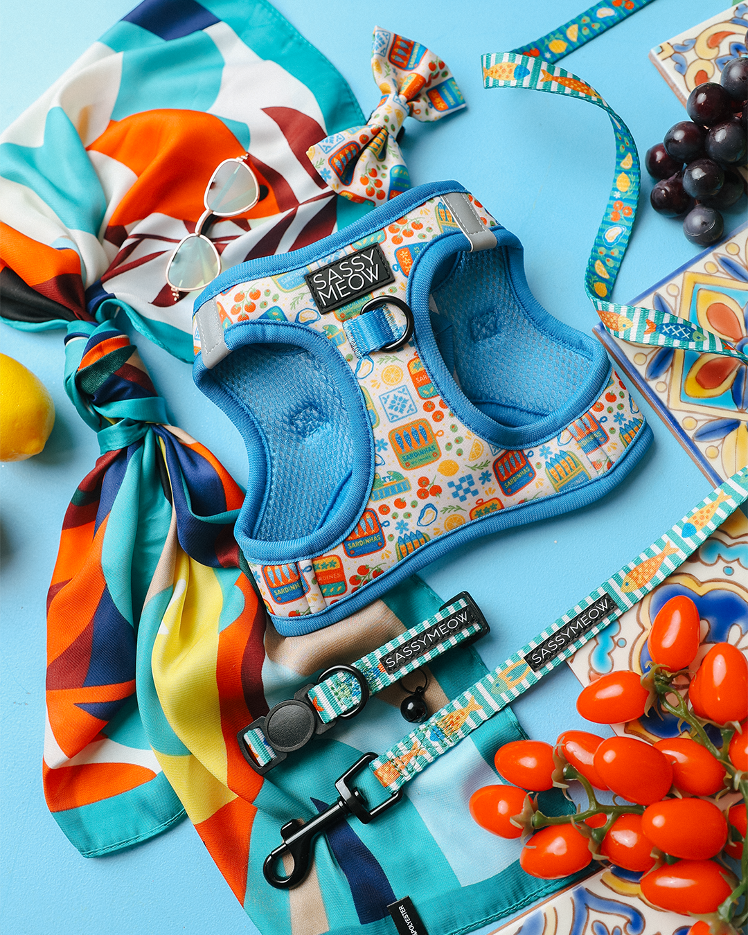 Colorful pet accessories, including a harness, collar, leash, and bow tie with playful patterns, are arranged on a blue surface with a scarf, sunglasses, grapes, tomatoes, lemon, and decorative tiles.