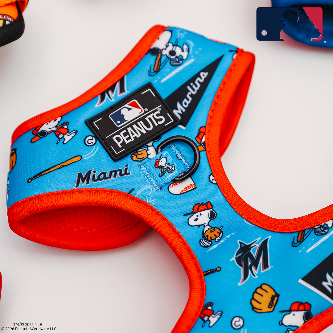 A blue and orange dog harness features Peanuts characters, baseball bats, gloves, and mitts, with MLB and Miami Marlins logos, plus the word Miami and a Peanuts label.
