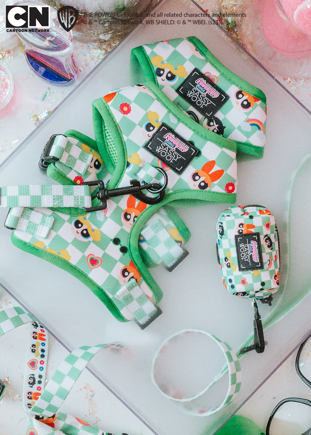 Green checkered pet harnesses, leash, collar, and bag dispensers with Powerpuff Girls characters printed on them, displayed on a clear tray with Cartoon Network and Warner Bros. logos in the corner.