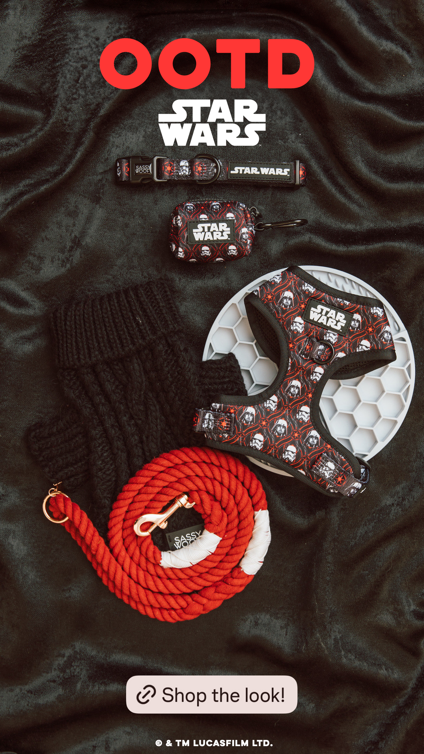Flat lay of black-and-red Star Wars-themed pet accessories on a dark surface, including a harness, leash, collar, waste bag holder, and knitted sweater, with OOTD and Shop the look! text.