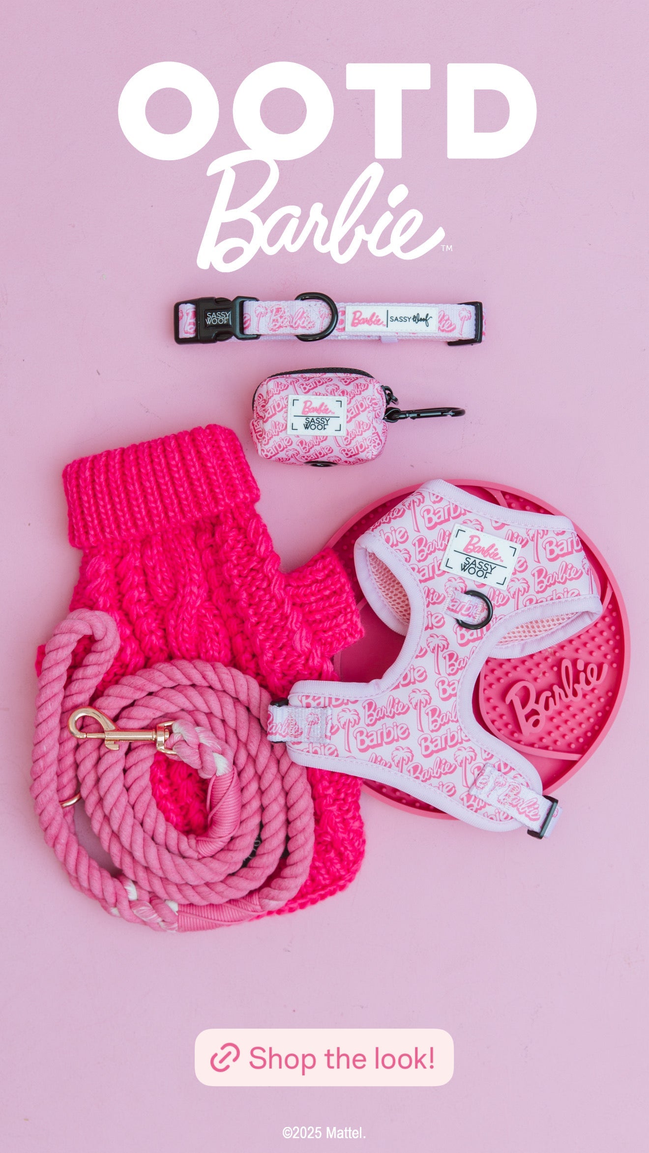 Flat lay of pink Barbie-themed dog accessories on a pink background, including a rope leash, harness, collar, poop bag holder, and a knitted sweater. Text reads OOTD Barbie and Shop the look!.