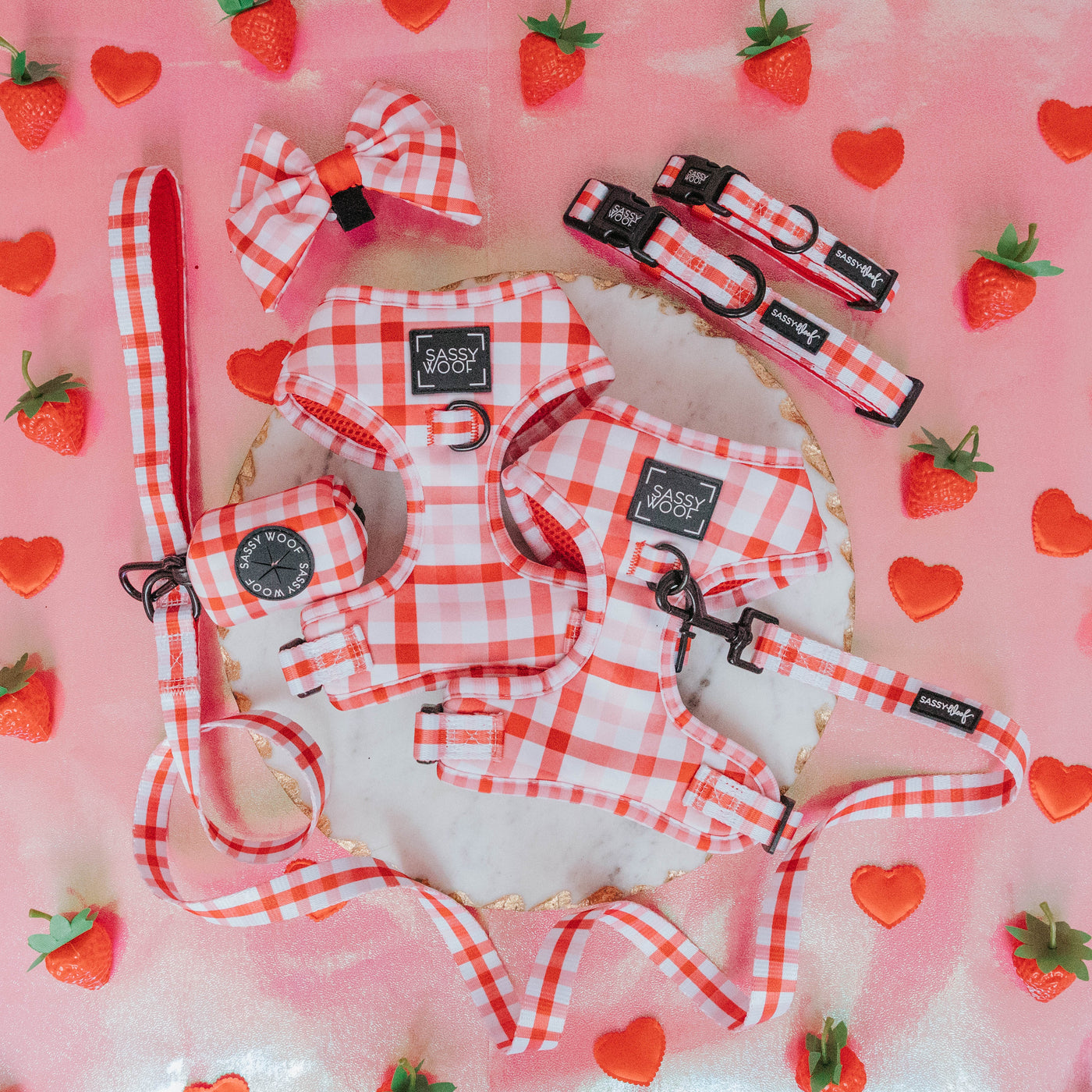 Red and white checkered dog accessories, including harnesses, bow tie, collars, and leashes, are displayed on a pink surface with strawberries and heart-shaped decorations.