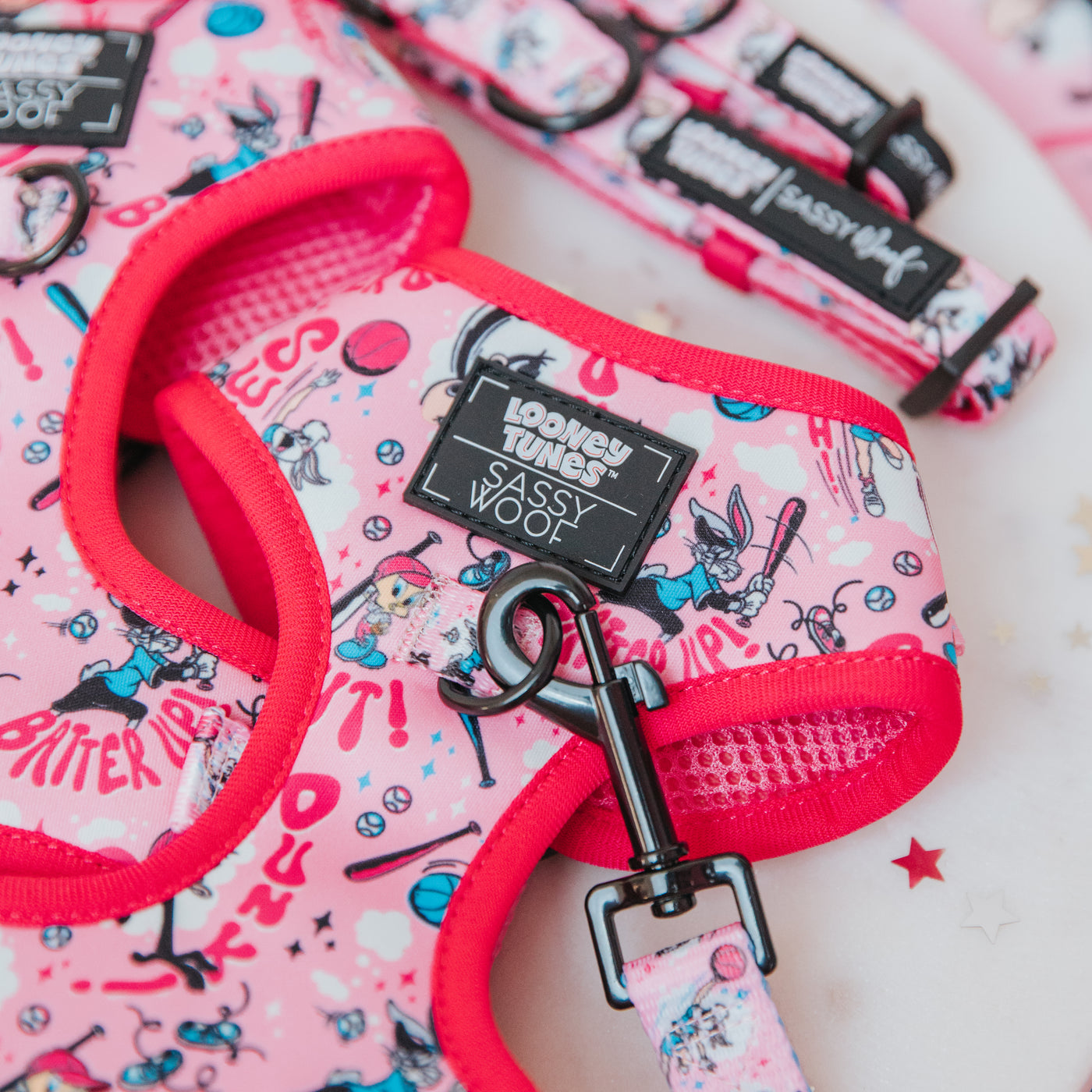 Pink dog harness and leash set with Looney Tunes and Sassy Woof branding, decorated with playful cartoon graphics, sports items, and bright red trim on a light background with small star confetti.