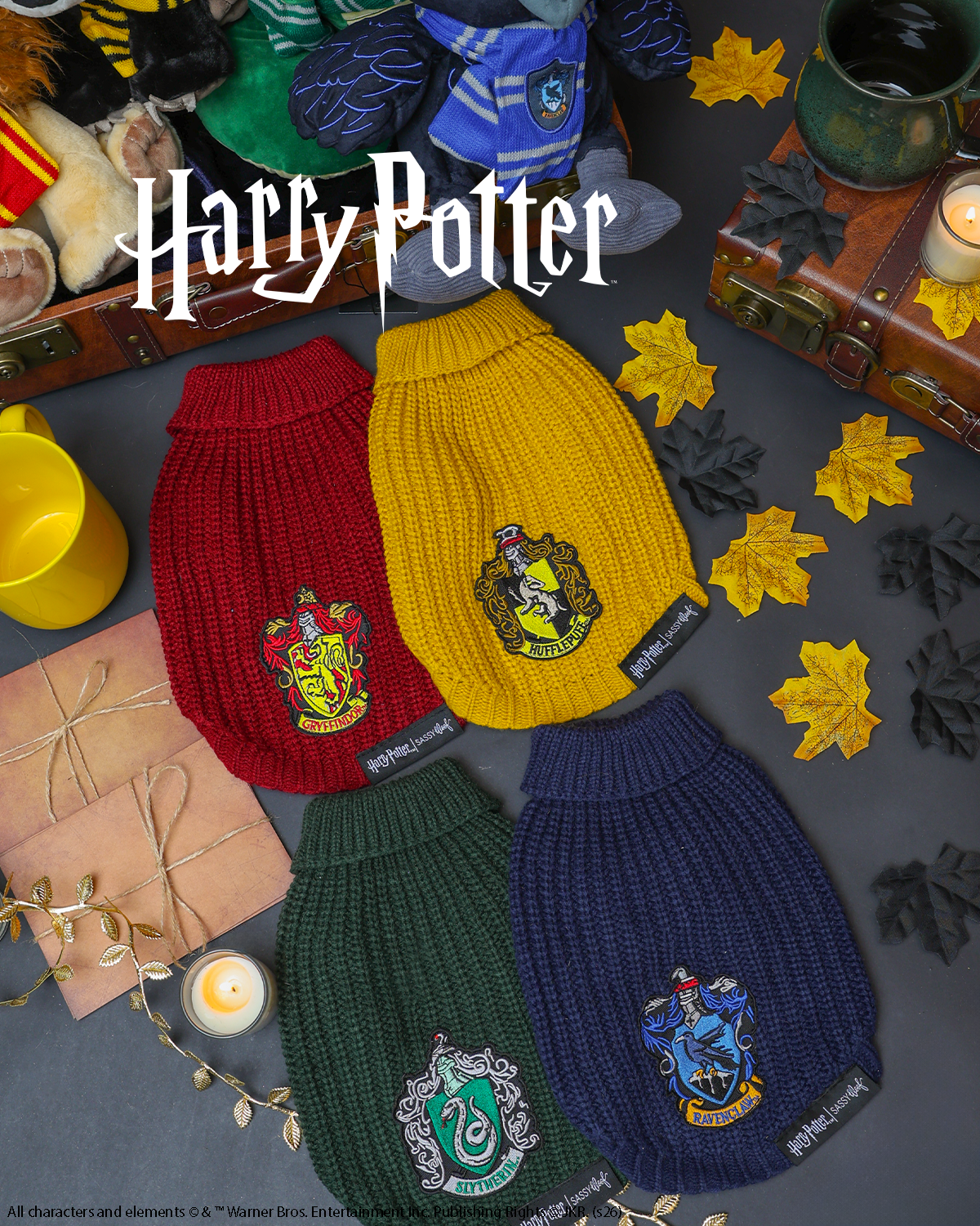 Four knitted pet sweaters in red, yellow, green, and blue display the Hogwarts house crests from Harry Potter, surrounded by candles, mugs, envelopes, fake autumn leaves, and Harry Potter merchandise.