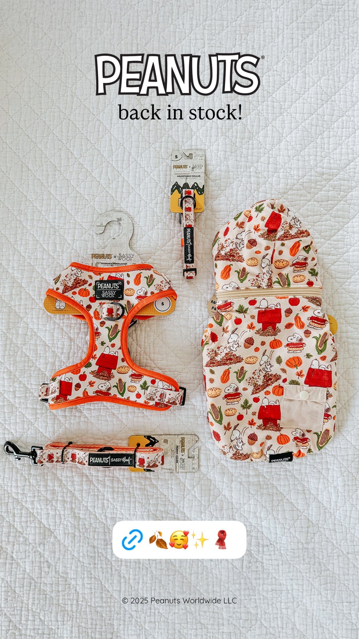 Peanuts-themed pet accessories set, including a harness, collar, leash, poop bag holder, and backpack, all with colorful food and character prints, displayed on a white textured background. Text reads “PEANUTS back in stock!”.
