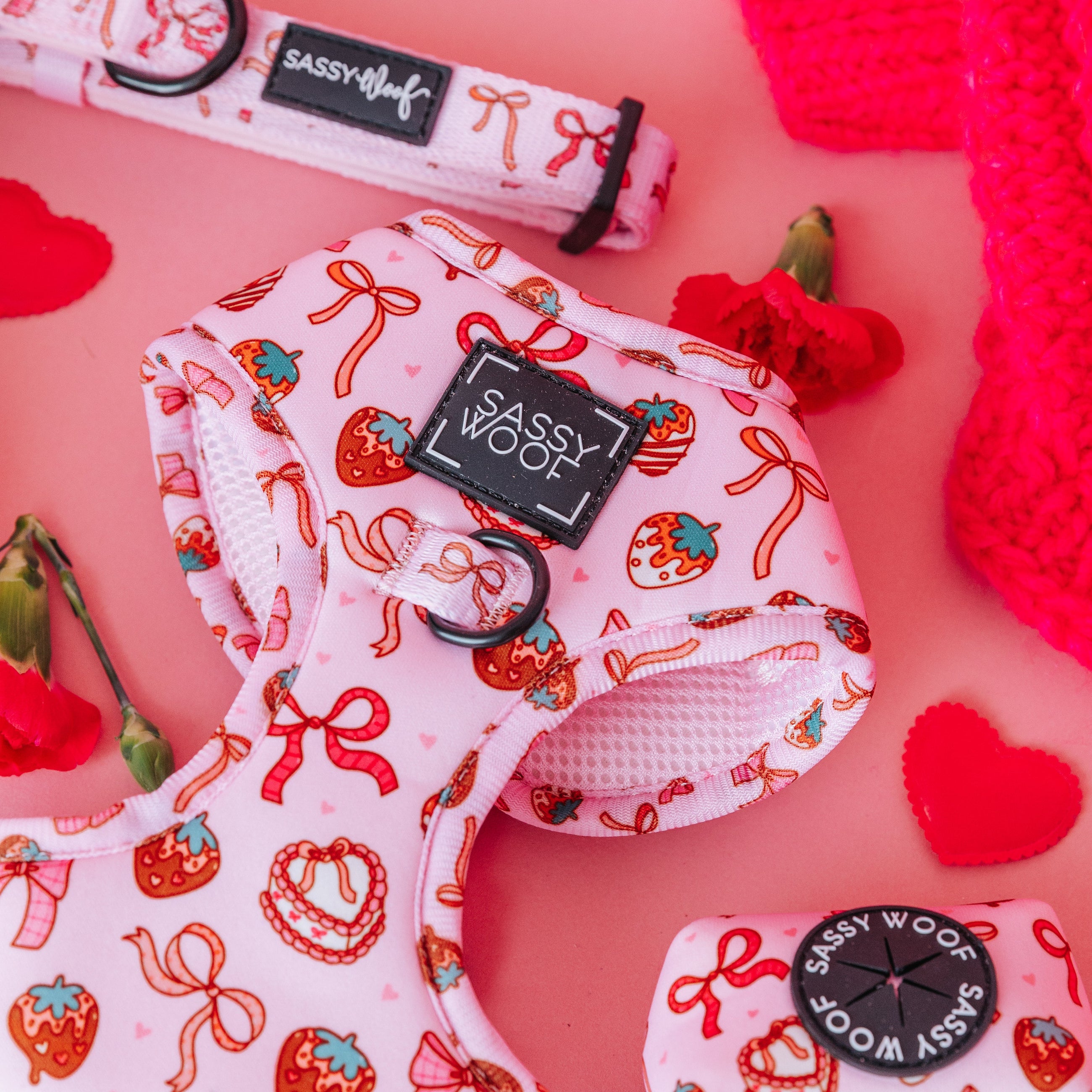 Pink dog harness with red strawberry and bow designs, labeled Sassy Woof. Surrounded by matching collar, toy, red flowers, and red heart decorations on a pink background.