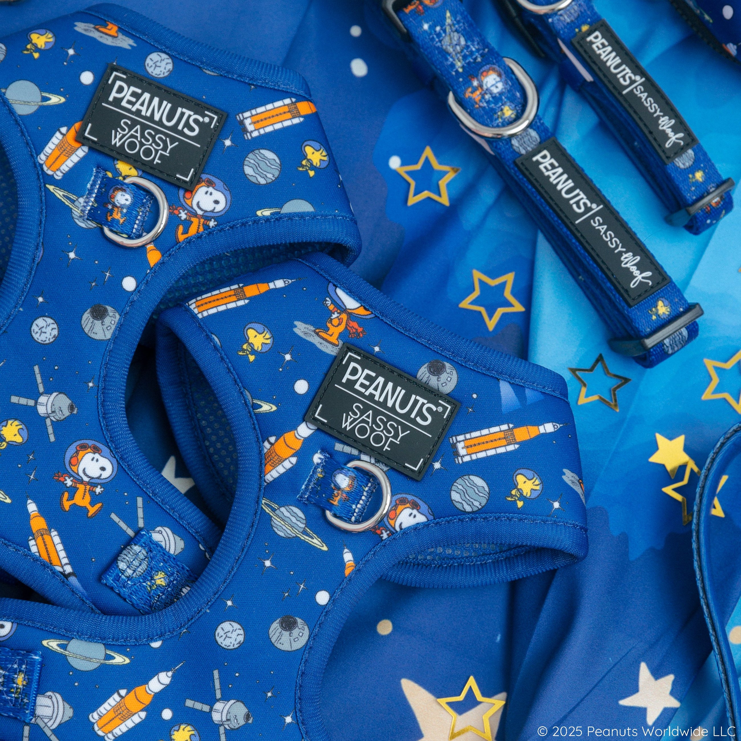 Blue Peanuts-themed pet harnesses and accessories with Snoopy in an astronaut suit, rockets, and planets on a star-patterned background.
