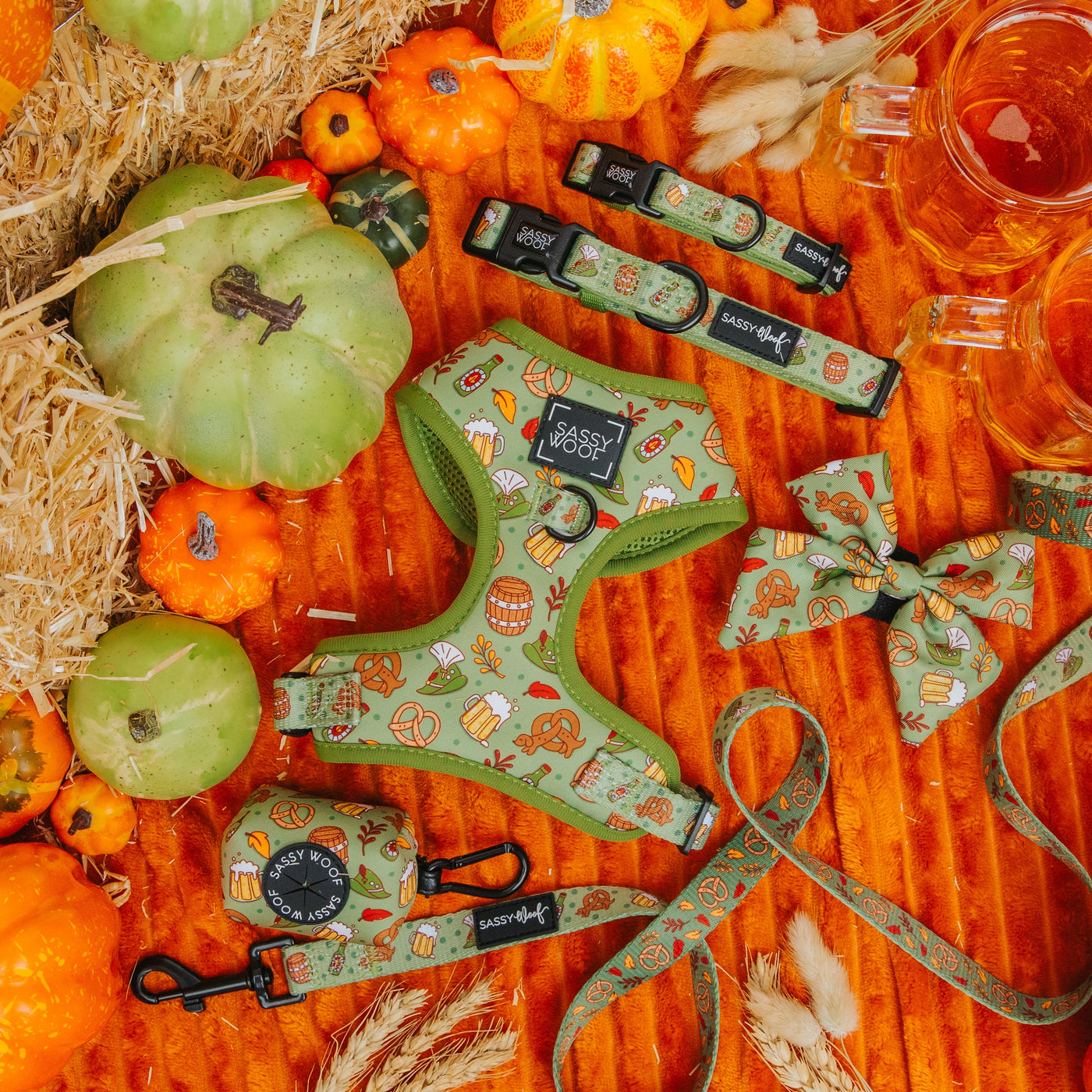 Dog accessories with autumn-themed patterns, including a harness, bow tie, collars, and leashes, arranged on an orange fabric with pumpkins, hay, and glasses of cider.