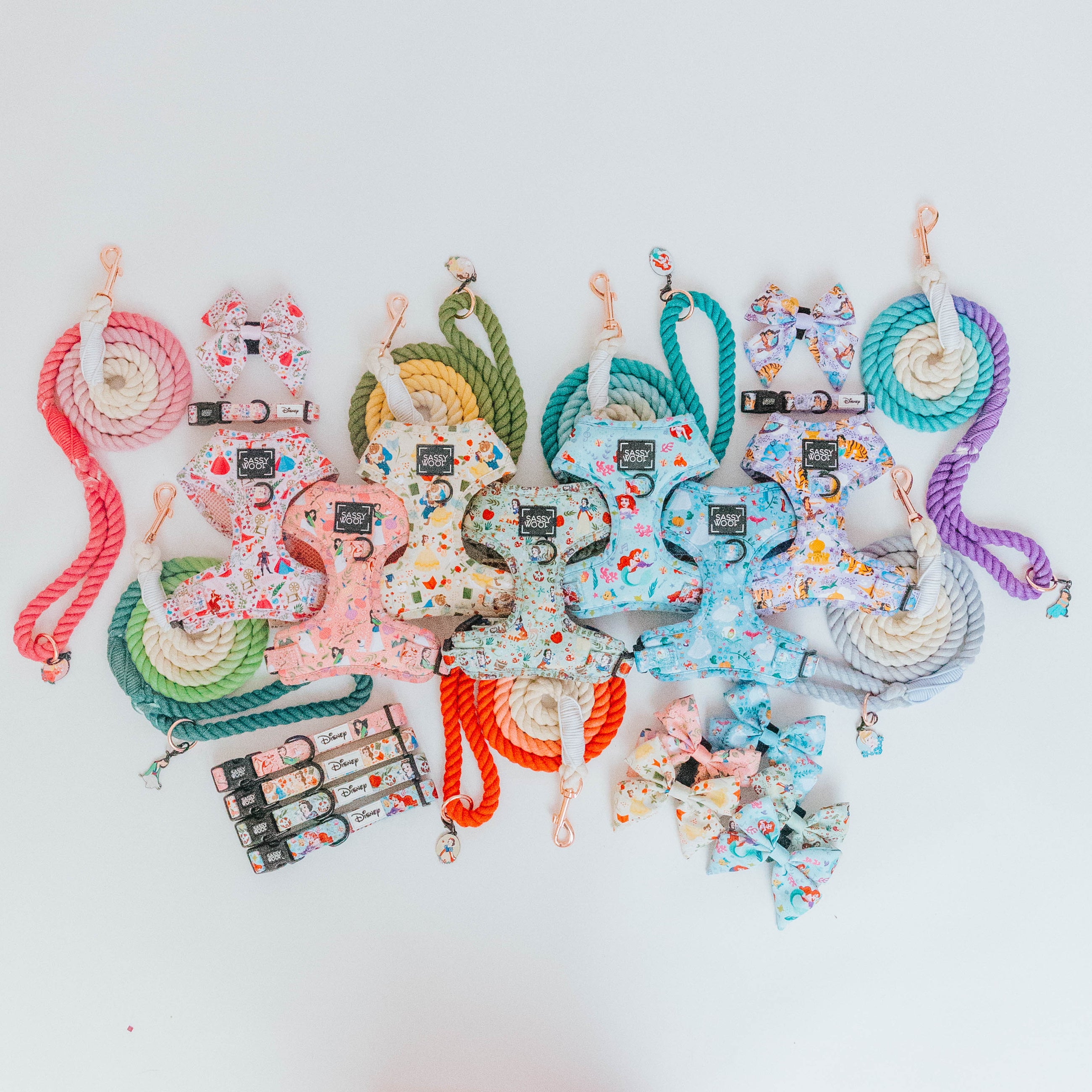 Colorful dog harnesses, matching leashes, collars, and bow ties with playful patterns arranged in a flat lay on a light background. The sets feature pastel and bright colors with floral and cartoon designs.