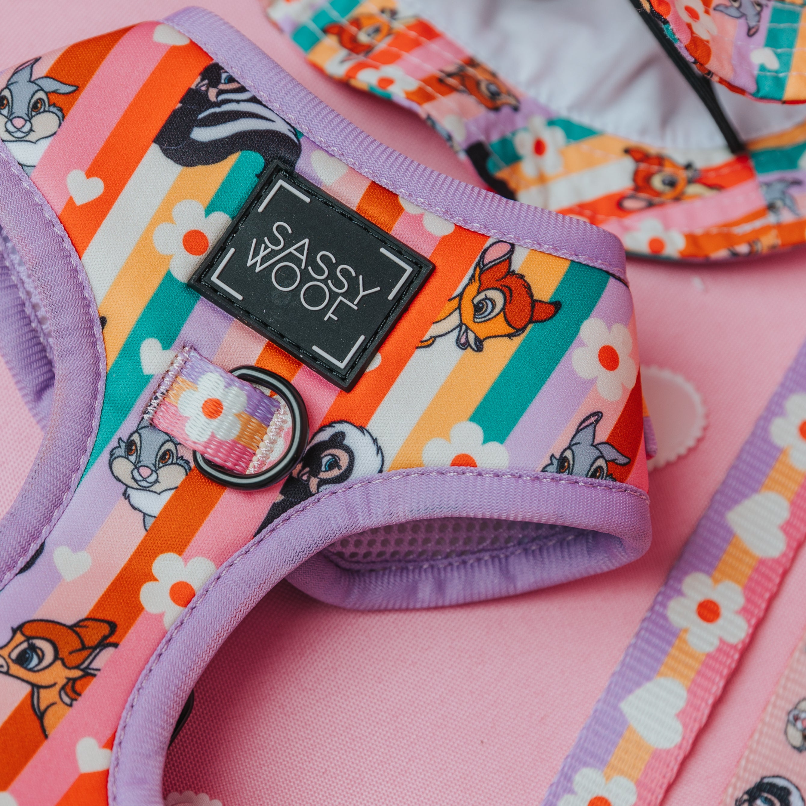 A colorful Sassy Woof dog harness with cartoon animal faces and rainbow stripes lies on a pink surface alongside matching accessories with a similar playful design.