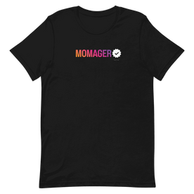 The Sassy Woof Human Tee - Momager is a black, eco-friendly unisex shirt with "MOMAGER" in a pink-orange-purple gradient and a white checkmark—perfect for proud pup moms!.
