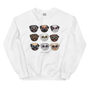 The Sassy Woof Sweatshirt - Pugs is a comfy unisex crewneck with nine cartoon pugs in colorful sunglasses and “SASSYWOOF” printed below—perfect for any pug fan!.