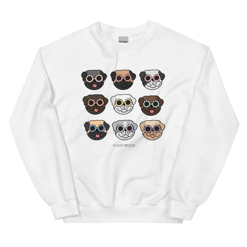 The Sassy Woof Sweatshirt - Pugs is a comfy unisex crewneck with nine cartoon pugs in colorful sunglasses and “SASSYWOOF” printed below—perfect for any pug fan!.
