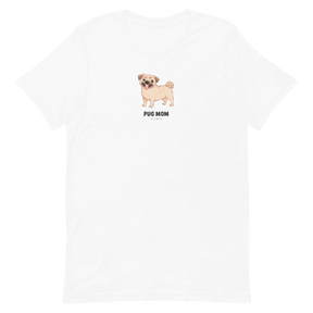 The Sassy Woof Pug Mom Tee is a white unisex dog shirt featuring a cute cartoon pug and bold "PUG MOM" text—perfect for pug lovers.