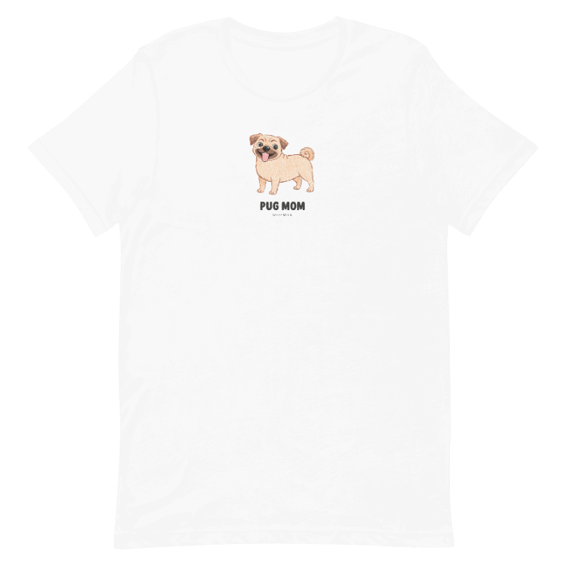 The Sassy Woof Pug Mom Tee is a white unisex dog shirt featuring a cute cartoon pug and bold "PUG MOM" text—perfect for pug lovers.