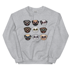 The Sassy Woof Sweatshirt - Pugs is a comfy unisex gray crewneck featuring nine cartoon dog faces, including a playful pug in colorful sunglasses, with “SASSY WOOF” printed below the grid.