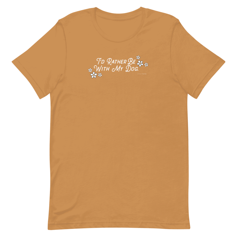 The Sassy Woof Human Tee - I'd Rather Be With My Dog is a light brown unisex shirt featuring white text and paw prints, ideal for devoted dog lovers.