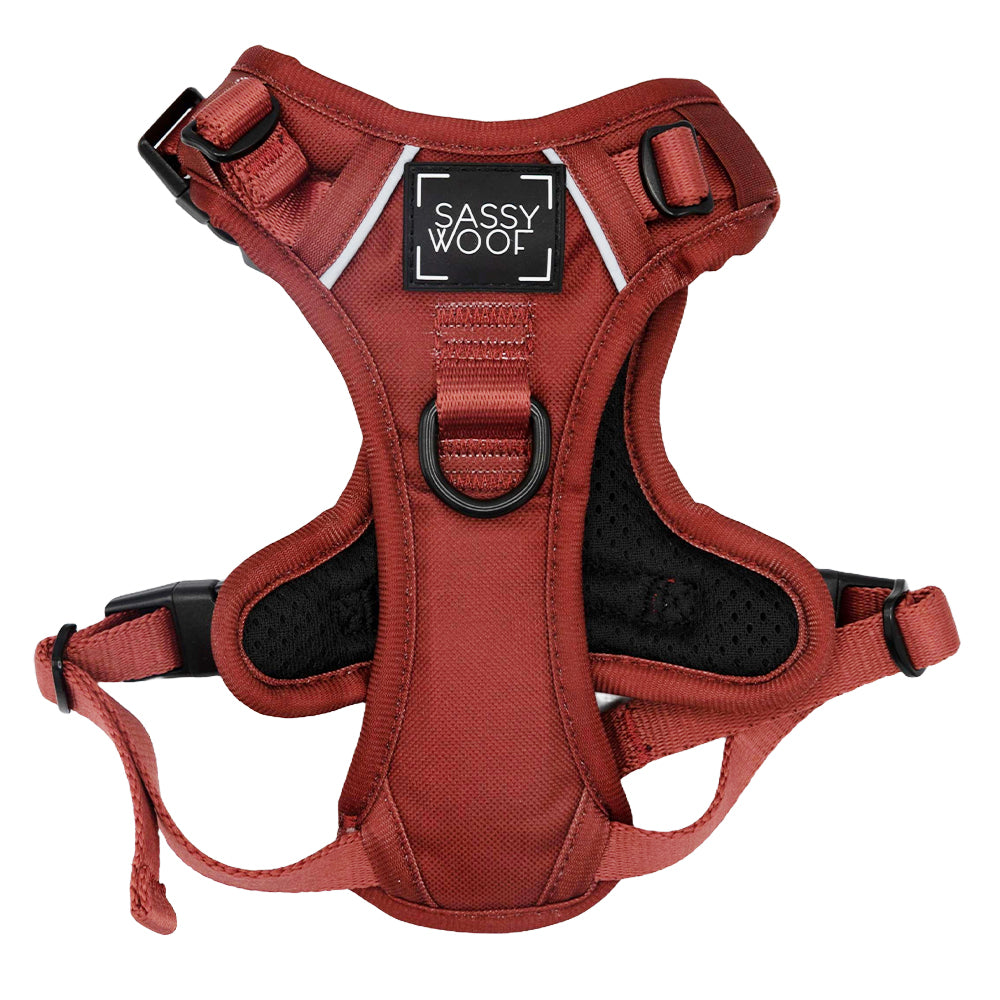 The Sassy Woof Dog Step-in Harness - Burgundy features adjustable straps, black mesh lining, secure buckles, and a sturdy front metal ring for leash attachment—designed for easy use.