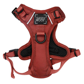 The Sassy Woof Dog Step-in Harness - Burgundy features adjustable straps, black mesh lining, secure buckles, and a sturdy front metal ring for leash attachment—designed for easy use.