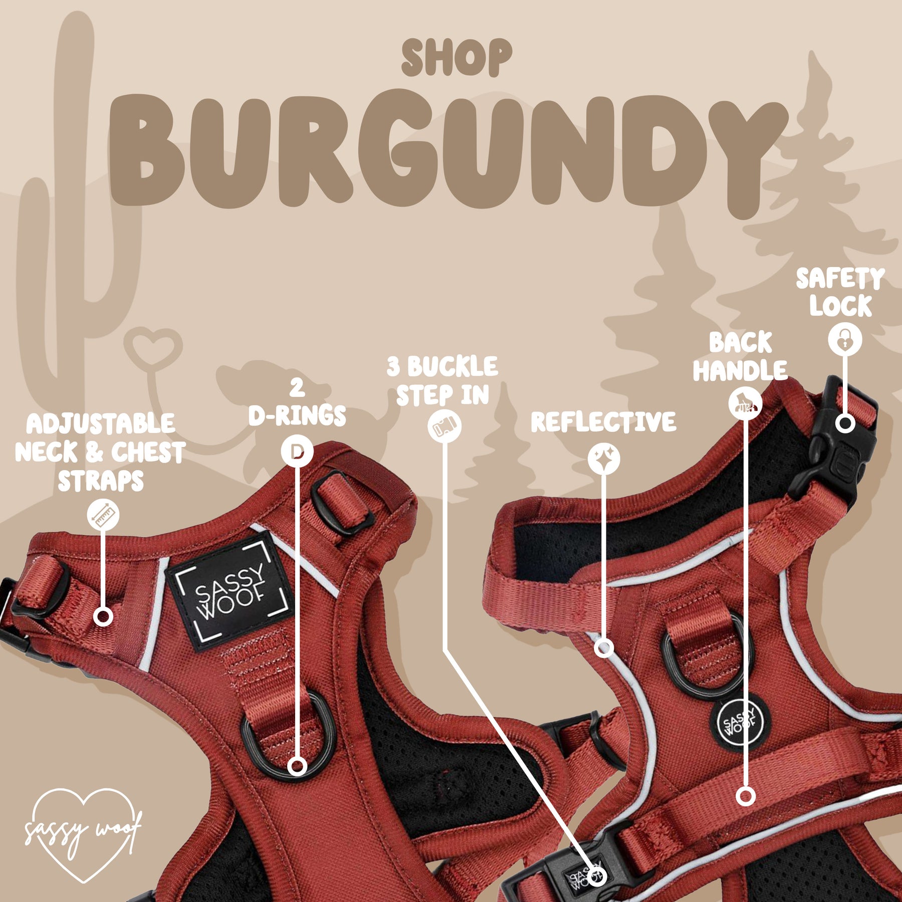 Sassy Woof’s Dog Four Piece Bundle - Burgundy features two harnesses with adjustable neck/chest straps, 2 leash D-rings, 3 buckle step-in design, reflective material, back handle, and safety lock. "Shop Burgundy" appears at the top.