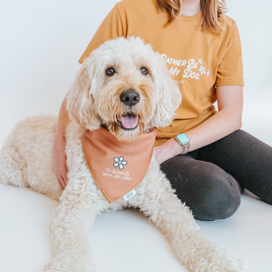 A fluffy white dog in a tan bandana sits next to a person wearing the Human Tee - I’d Rather Be With My Dog by Sassy Woof, both featuring a small flower and eco-friendly ink. The person’s hand rests on the dog’s back.