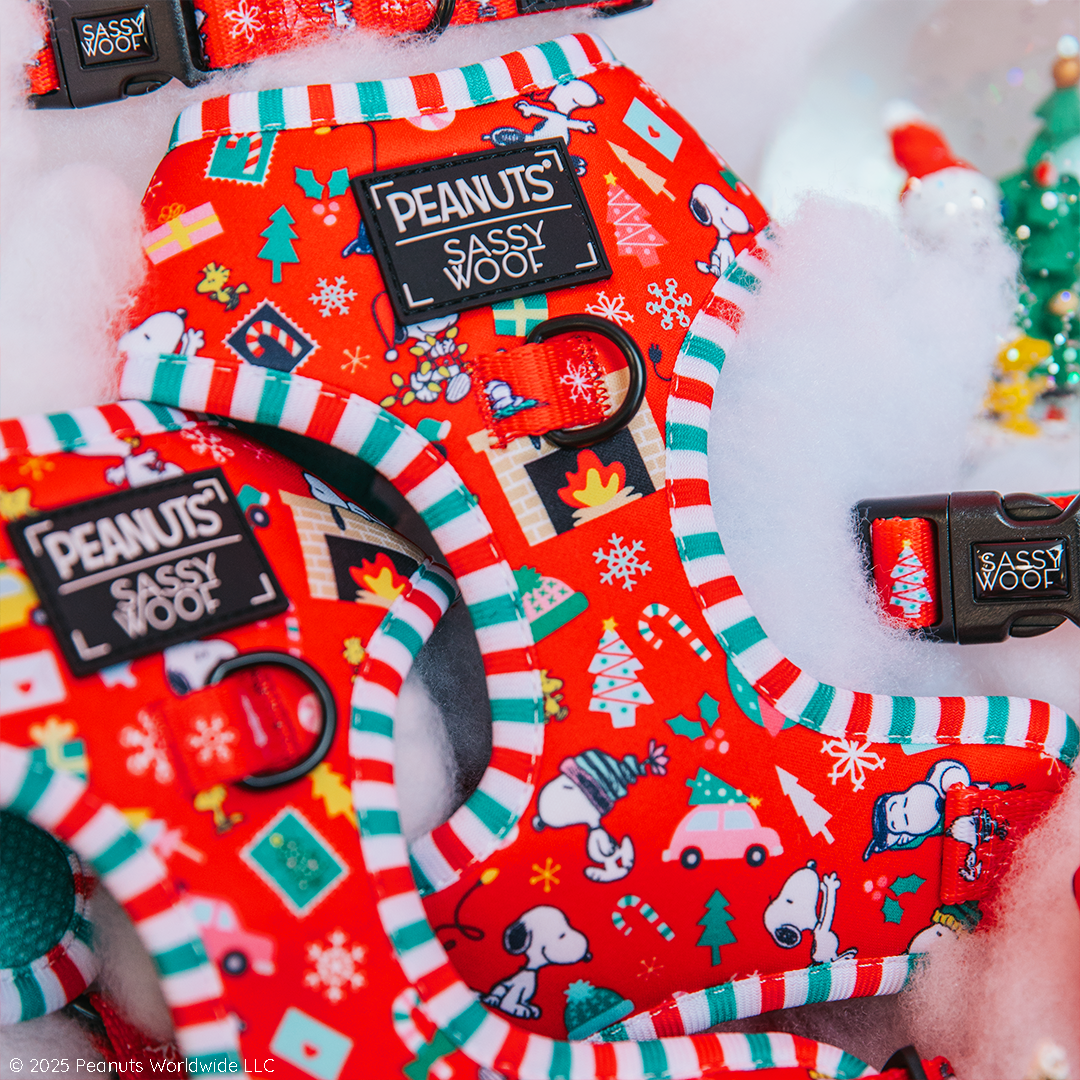 Sassy Woof's Dog Adjustable Harness - Peanuts™ Beagle Bells features Snoopy, trees, snowflakes, and presents in festive red. “Peanuts Sassy Woof” logo patches highlight the harnesses’ fun holiday style.