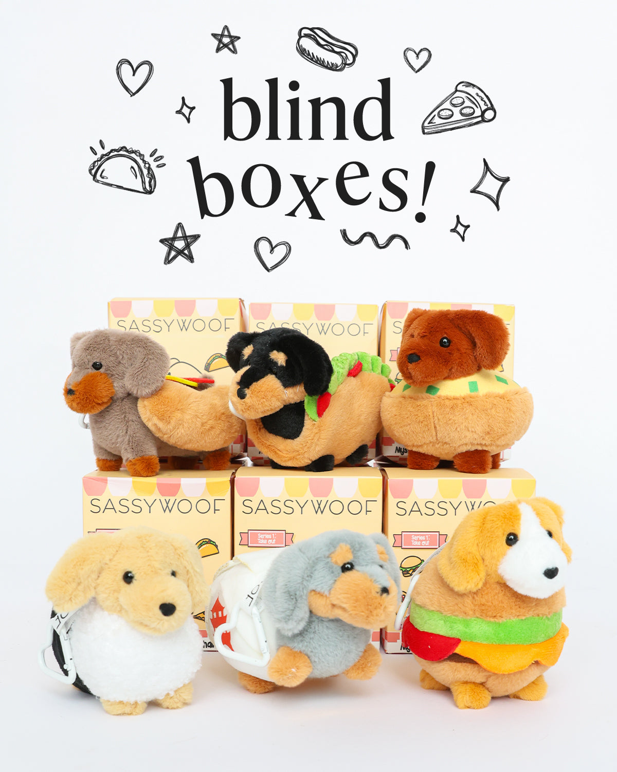 Plush dachshund toys dressed as foods are displayed with Sassy Woof boxes. Above them, fun doodles frame the words: Sassy Woof Blind Box! Collect each adorable stuffed toy from the Blind Box collection.
