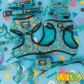 The Sassy Woof Collar Tag from the Nickelodeon CatDog™ collection sits on a colorful geometric background, featuring playful cartoon dog designs and the CatDog logo.