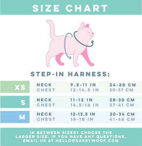 Neck: Measure where a collar naturally sits. Chest: Measure widest part of cat's chest.Size XS – Neck: 9.5 to 11 inches (24–28 cm), Chest: 12 to 14.5 inches (30–37 cm).
Size S – Neck: 11 to 12 inches (28–30 cm), Chest: 14.5 to 16 inches (37–41 cm).
Size M – Neck: 12 to 13.5 inches (30–34 cm), Chest: 16 to 18 inches (41–46 cm).
