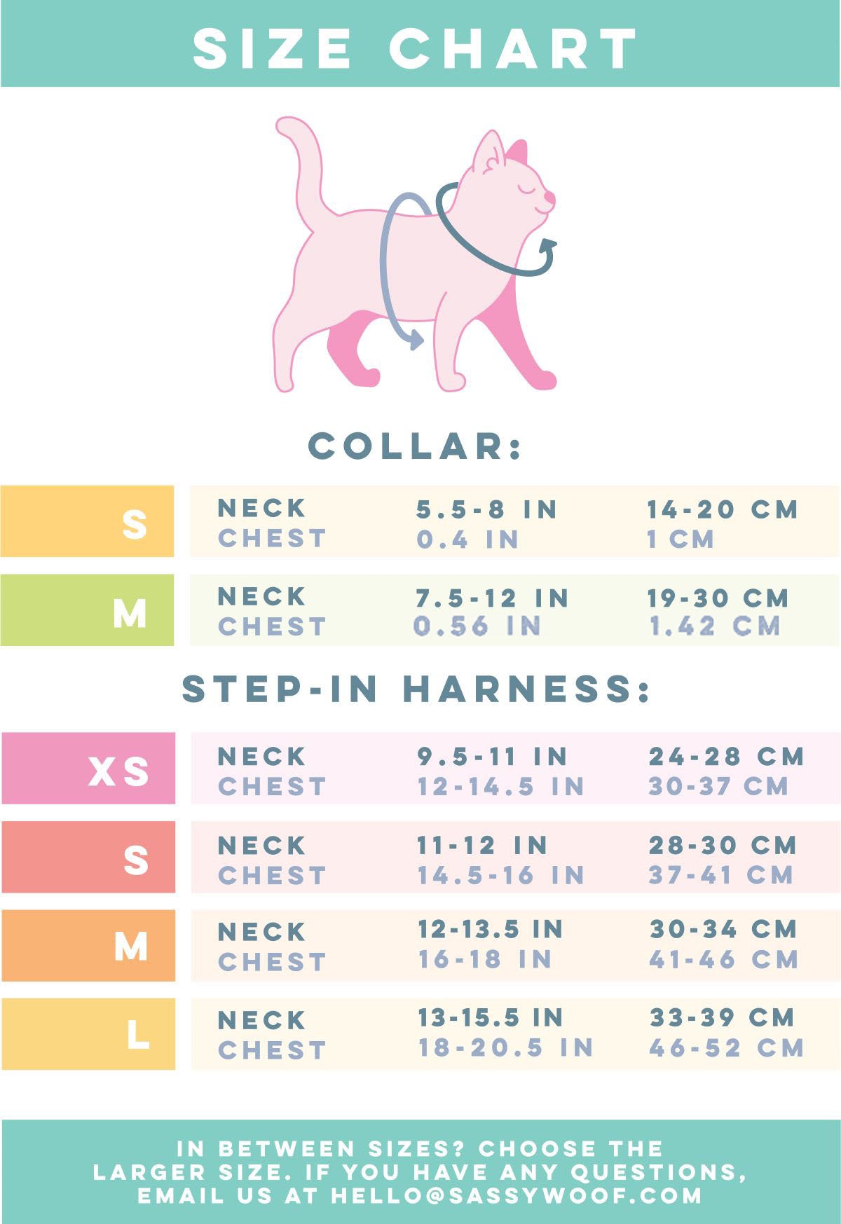 Image showing where to take measurements on a cat for a harness and collar. Corresponding sizes and measurements are listed below. Due to Shopify’s alt text character limit, a full description of the size chart cannot be included here. Please refer to the Cat Step-In Harness and Cat Collar size charts for full details: https://www.sassywoof.com/pages/find-your-size