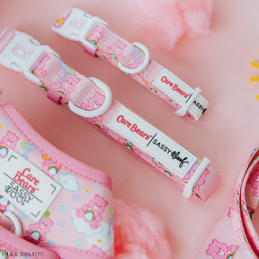 A close-up of Sassy Woof’s Collar Three Piece Bundle - Care Bears™ Cheer Bear, featuring a pink harness, collar, and leash with adorable bear and rainbow patterns on a pastel background.
