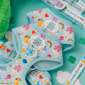 The Sassy Woof Dog Two Piece Bundle - Care Bears™ Care-a-Lot, featuring light blue harnesses with rainbow, star, and heart motifs, is displayed on a teal surface with shamrocks and matching adjustable leashes.