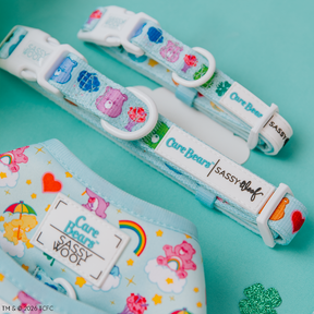 The Sassy Woof Collar Three Piece Bundle - Care Bears™ Care-a-Lot, featuring rainbows, stars, and cheerful Care Bears, is displayed on a turquoise background.