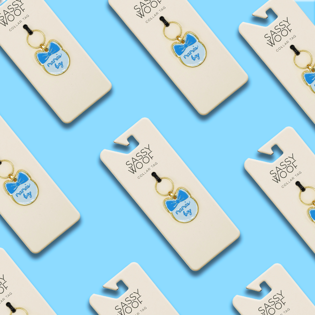 Collar tags reading Mama's Boy by Sassy Woof are displayed diagonally on white Sassy Woof cards, set against a light blue background. These tags make a cute dog collar charm or a fun accessory for dog moms.